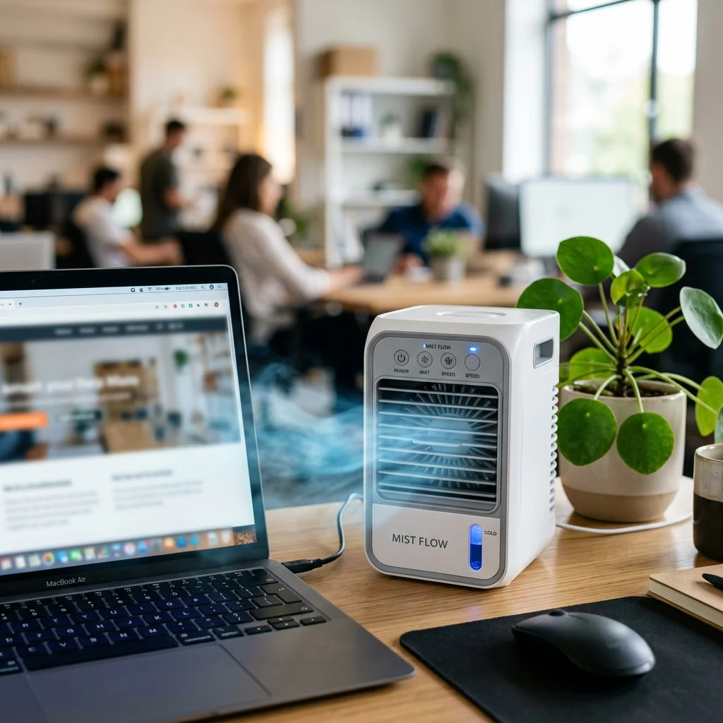 CoolJet portable air cooler operating quietly on a modern office desk