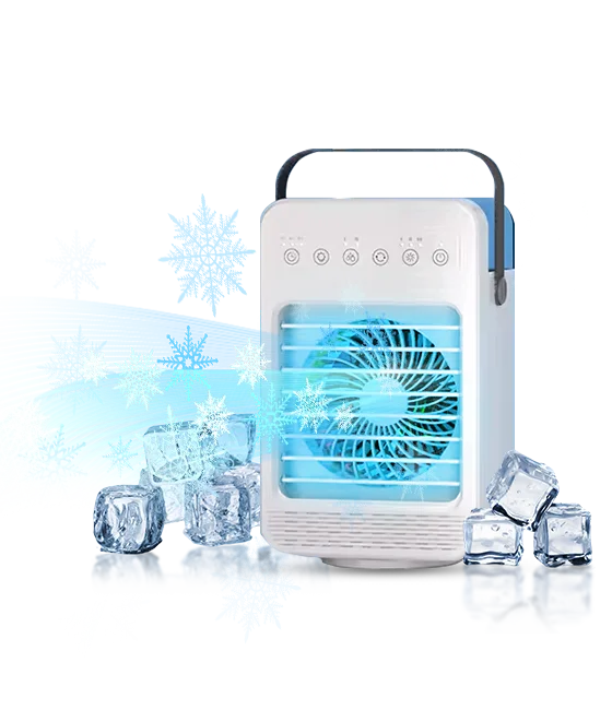 CoolJet portable air cooler with ice cubes and snowflake breeze effects